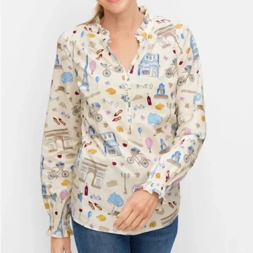 Talbot's Paris Icons Ruffle Trim Long Sleeve Popover Blouse Top Size S